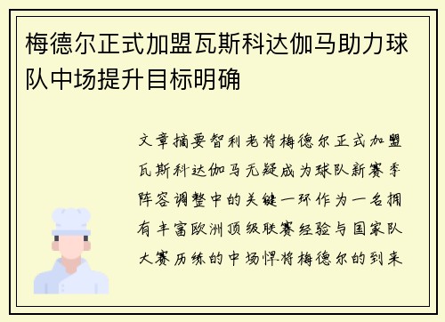 梅德尔正式加盟瓦斯科达伽马助力球队中场提升目标明确