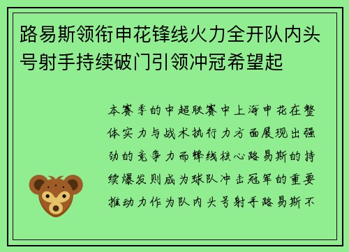 路易斯领衔申花锋线火力全开队内头号射手持续破门引领冲冠希望起